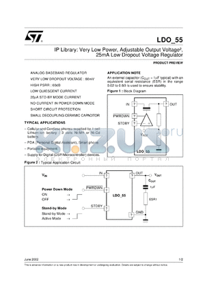 LDO_55 datasheet - IP LIBRARY: VERY LOW POWER, ADJUSTABLE OUTPUT VOLTAGE, 25MA LOW DROPOUT VOLTAGE REGULATOR.