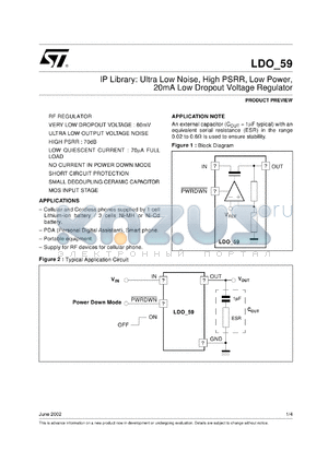 LDO_59 datasheet - IP LIBRARY: ULTRA LOW NOISE, HIGH PSRR, LOW POWER, 20MA LOW DROPOUT VOLTAGE REGULATOR.