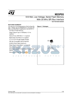 M25P05-V datasheet - NOT FOR NEW DESIGN - 512 KBIT, LOW VOLTAGE, SERIAL FLASH MEMORY WITH 20 MHZ SPI BUS INTERFACE