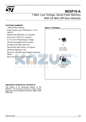 M25P10-AV datasheet - 1 MBIT, LOW VOLTAGE, SERIAL FLASH MEMORY WITH 25 MHZ SPI BUS INTERFACE