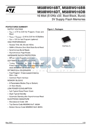 M58BW016 datasheet - 16 MBIT (512KB X32, BOOT BLOCK, BURST) 3V SUPPLY FLASH MEMORIES