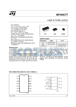 M74HC77RM13TR datasheet - 4-BIT D-TYPE LATCH