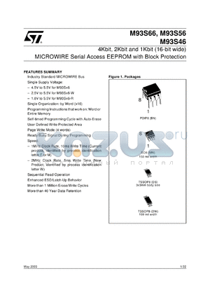 M93S66-R datasheet - 4KBIT, 2KBIT AND 1KBIT (X16) SERIAL MICROWIRE BUS EEPROM WITH BLOCK PROTECTION