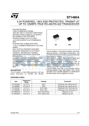 ST1480ACD datasheet - 3.3V POWERED, 15KV ESD PROTECTED, TRANSMIT ANT UP TO 12MBPS TRUE RS-485/RS-422 TRANSCEIVER