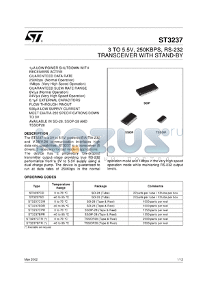 ST3237BTR datasheet - 3 TO 5.5V, 250KBPS, RS-232 TRANSCEIVER WITH STAND-BY