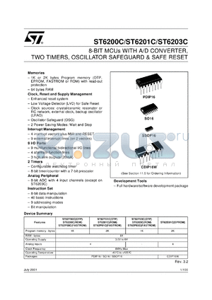 ST62T01CN3 datasheet - 8-BIT MICROCONTROLLER (MCU) WITH OTP, ROM, FASTROM, EPROM, A/D CONVERTER, OSCILLATOR SAFEGUARD, SAFE RESET AND 16 PINS