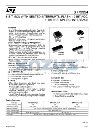 ST72324J2T3 datasheet - 8-BIT MCU WITH NESTED INTERRUPTS, FLASH, 10-BIT ADC, 4 TIMERS, SPI, SCI INTERFACE