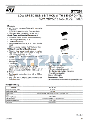 ST72F611F1 datasheet - ST7 - LOW SPEED USB 8-BIT MCU WITH 3 ENDPOINTS, FLASH MEMORY, LVD, WDG, TIMER