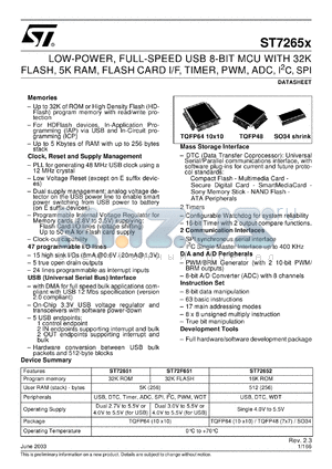 ST72F652 datasheet - ST7 - LOW-POWER, FULL-SPEED USB 8-BIT MCU WITH 32K FLASH, 5K RAM, FLASH CARD I/F, TIMER, PWM, ADC, I2C