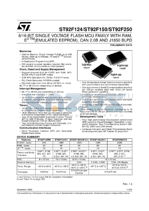 ST92F150JD datasheet - ST9 - 8/16-BIT SINGLE VOLTAGE FLASH MCU FAMILY WITH RAM, E3 TM (EMULATED EEPROM), CAN 2.0B AND J1850 BLPD