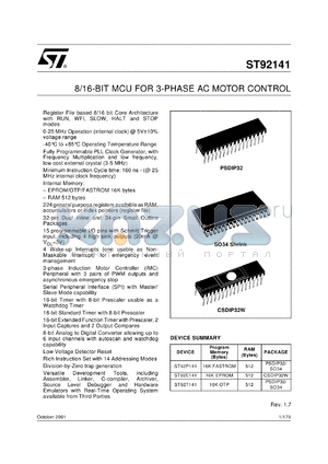 ST92P141K4B6 datasheet - 8/16 BIT MCU FOR 3-PHASE AC MOTOR CONTROL