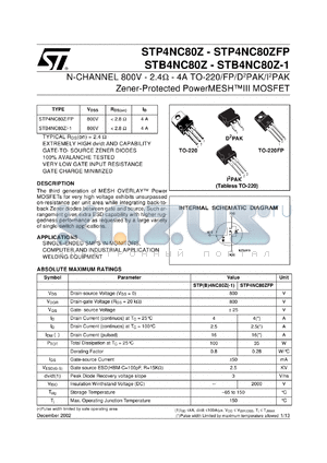 STB4NC80ZT4 datasheet - N-CHANNEL 800V 2.4 OHM 4A TO-220 TO-220FP D2PAK I2PAK ZENER PROTECTED POWERMESH III MOSFET