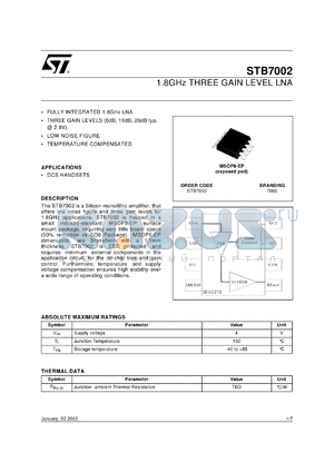 STB7002TR datasheet - 1.8 GHZ THREE GAIN LEVEL LNA