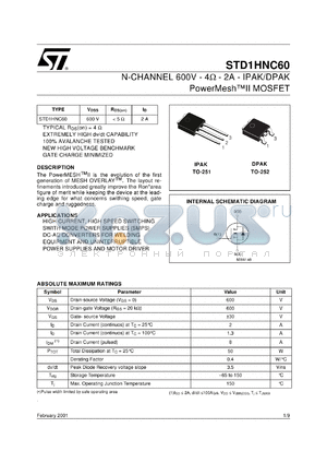 STD1HNC60-1 datasheet - N-CHANNEL 600V 4 OHM 2A DPAK/IPAK POWERMESH II MOSFET
