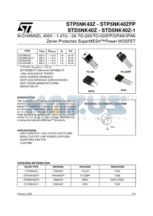 STD5NK40ZT4 datasheet - N-CHANNEL 400V - 1.47 OHM - 3A TO-220/TO-220FP/DPAK/IPAK ZENER-PROTECTED SUPERMESH POWER MOSFET
