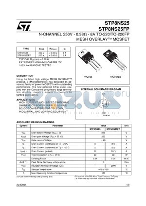 STP8NS25 datasheet - N-CHANNEL 250V 0.38 OHM 8A TO-220/TO-220FP MESH OVERLAY MOSFET