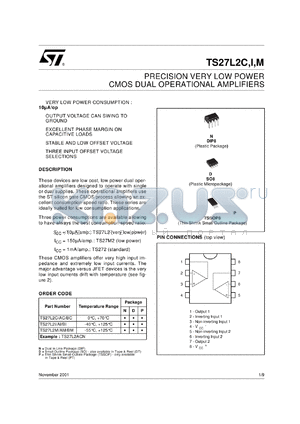 TS27L2AIPT datasheet - PRECISION VERY LOW POWER CMOS DUAL OPERATIONAL AMPLIFIERS