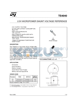 TS4040DIZT-2.5 datasheet - 2.5V MICROPOWER SHUNT VOLTAGE REFERENCE