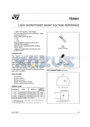 TS4041-1.2 datasheet - 1.225V MICROPOWER SHUNT VOLTAGE REFERENCE