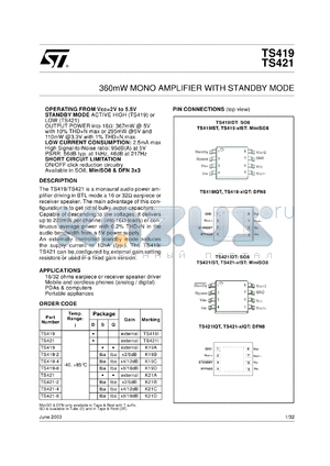 TS421IST datasheet - 360MW MONO AMPLIFIER WITH STANDBY MODE