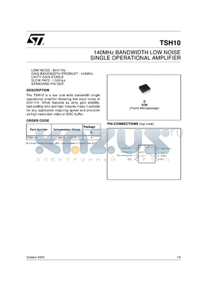 TSH10IDT datasheet - 140 MHZ BANDWIDTH LOW NOISE SINGLE OP-AMPS