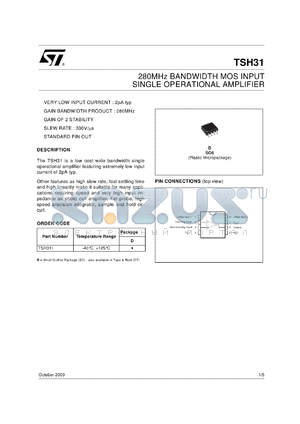 TSH31IDT datasheet - 280 MHZ BANDWIDTH MOS INPUT SINGLE OP-AMPS