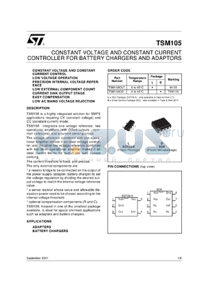 TSM105CDT datasheet - CONSTANT VOLTAGE AND CONSTANT CURRENT CONTROLLER FOR BATTERY CHARGERS AND ADAPTORS
