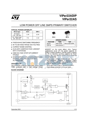 VIPER22AS datasheet - LOW POWER OFF LINE SMPS PRIMARY SWITCHER