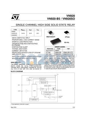 VN920-B513TR datasheet - SINGLE CHANNEL HIGH SIDE SOLID STATE RELAY