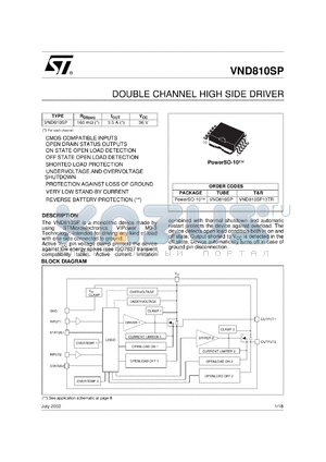 VND810SP13TR datasheet - DOUBLE CHANNEL HIGH SIDE DRIVER