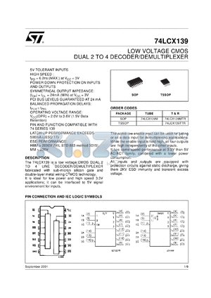 74LCX139M datasheet - DUAL 2 TO 4 LINE DECODER/DEMULTIPLEXER WITH 5V TOLERANT INPUT AND OUTPUT