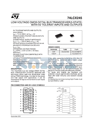 74LCX245MTR datasheet - LOW VOLTAGE CMOS OCTAL BUS TRANSCEIVER (3-STATE) WITH 5V TOLERANT INPUTS AND OUTPUTS