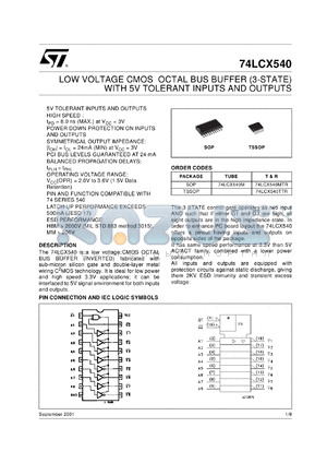 74LCX540M datasheet - OCTAL BUS BUFFER (3-STATE INV.) WITH 5V TOLERANT INPUTS