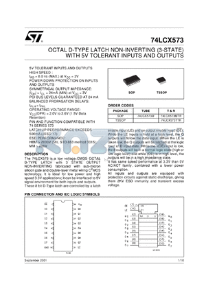 74LCX573M datasheet - OCTAL D-TYPE NON INVERTING WITH 5V TOLERANT INPUT AND OUTPUT