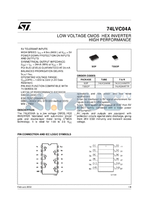 74LVC04ATTR datasheet - LOW VOLTAGE CMOS HEX INVERTER HIGH PERFORMANCE