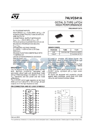 74LVC541AMTR datasheet - LOW VOLTAGE OCTAL D-TYPE LATCH HIGH PERFORMANCE