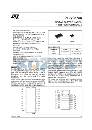 74LVC573ATTR datasheet - OCTAL D-TYPE LATCH HIGH PERFORMANCE