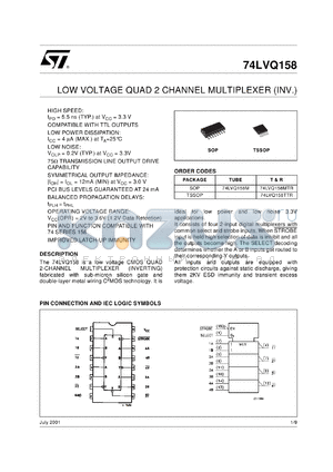 74LVQ158MTR datasheet - LOW VOLTAGE QUAD 2 CHANNEL MULTIPLEXER (INV.)