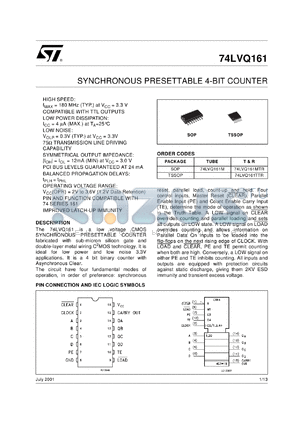 74LVQ161M datasheet - SYNCHRONOUS PRESETTABLE 4-BIT COUNTER