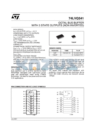 74LVQ541MTR datasheet - OCTAL BUS BUFFER WITH 3-STATE OUTPUTS (NON INVERTED)