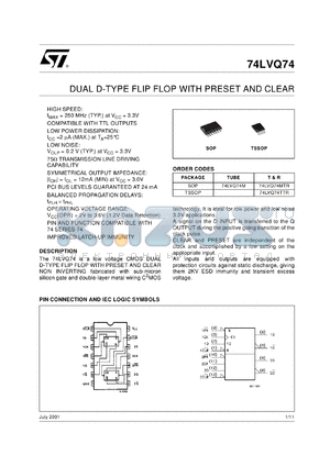 74LVQ74MTR datasheet - DUAL D-TYPE FLIP FLOP WITH PRESET AND CLEAR