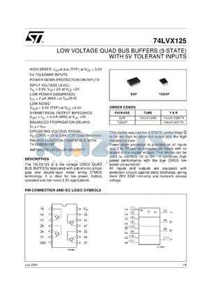 74LVX125MTR datasheet - LOW VOLTAGE QUAD BUS BUFFER (3-STATE) 5V TOLERANT INPUTS