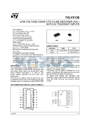 74LVX138TTR datasheet - LOW VOLTAGE 3 TO 8 LINE DECODER (INV.) WITH CLEAR WITH 5V TOLERANT INPUTS