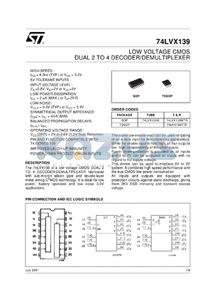 74LVX139M datasheet - LOW VOLTAGE CMOS DUAL 2 TO 4 DECODER/DEMULTIPLEXER