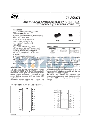 74LVX273MTR datasheet - LOW VOLTAGE OCTAL D-TYPE FLIP FLOP WITH CLEAR WITH 5V TOLERANT INPUTS