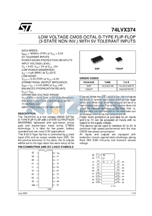 74LVX374MTR datasheet - LOW VOLTAGE OCTAL D-TYPE FLIP FLOP (3-STATE NON INV.) WITH 5V TOLERANT INPUTS