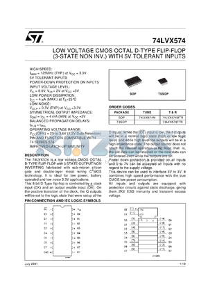 74LVX574MTR datasheet - LOW VOLTAGE OCTAL D-TYPE FLIP FLOP (3-STATE NON INV.) WITH 5V TOLERANT INPUTS