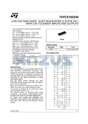 74VCX162240TTR datasheet - LOW VOLTAGE CMOS 16-BIT BUFFER (3-STATE INV.) WITH 3.6V TOLERANT INPUTS AND OUTPUTS