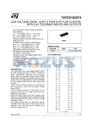 74VCX162374TTR datasheet - LOW VOLTAGE 16-BIT D-TYPE FLIP FLOP (3-STATE) WITH 3.6V TOLERANT INPUTS AND OUTPUTS