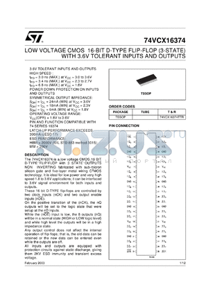 74VCX16374TTR datasheet - LOW VOLTAGE 16-BIT D-TYPE FLIP FLOP (3-STATE) WITH 3.6V TOLERANT INPUTS AND OUTPUTS